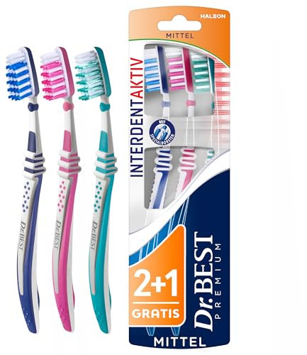 Dr.BEST Interdent Aktiv Zahnbürste, Mittel, Vorteilspack (2 Stück + 1 Stück Gratis), für eine gründliche Reinigung bis in die Zahnzwischenräume