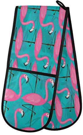 ZZXXB Pink Flamingo Double Oven Mitt Heat Resistant Non-Slip Kitchen Gloves Extra Long 7 x 35 for Cooking Baking Barbecue Grilling