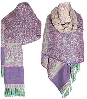 TIBET Paisley-Schal, handgefertigt, reine Yakwolle, doppelseitig, übergroß, Violett / Beige, Lila Beige, One size