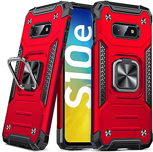 DASFOND Armor Hülle für Samsung Galaxy S10e Case Militär Stoßfest Handyhülle [Upgrade 2.0] 360 Grad Metal Ring Halter Ständer Schutzhülle [für Handyhalterung Auto Magnet], Rot