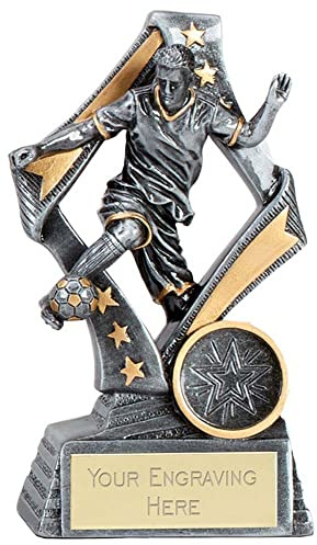 TROPHIESPLUSMEDALS Flag Action Male Football Award, Antique Silver, 13cm | Resin football trophy with detailed player design and free engraving on personalised plate, ideal for clubs and leagues.
