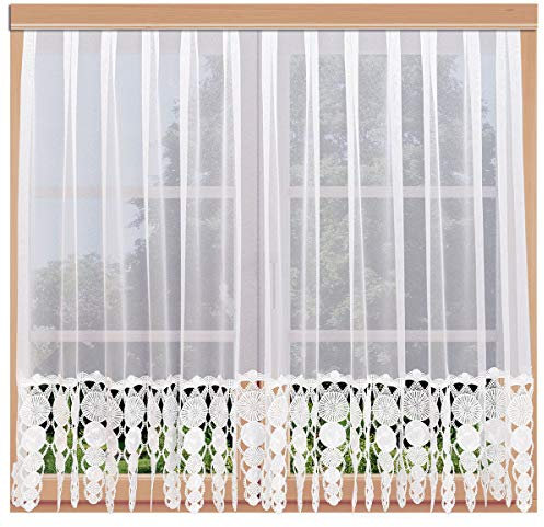 Gardinenstore Marthe mit Stickerei-Kante aus Vogtländischer Spitze | Klassischer Geradstore mit kunstvollem Kreismuster weiß | Spitzenstore mit Automatic-Faltenband | Höhe x Breite 145 x 300 cm