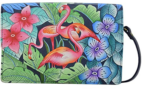 Anna by Anuschka Damen 3-1 Convertible Crossbody Umhängetasche, echtes Leder, 3-n-1, umwandelbar, Clutch, Gürteltasche, handbemalte Außenseite Fever, Flamingo-Fieber