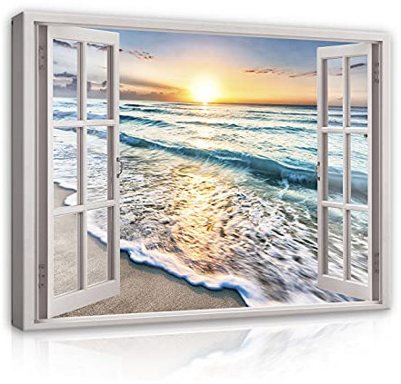 Bilder Fensterblick Strand Meer - Modern Canvas Leinwandbild XXL Illusion Fenster Schlafzimmer Wohnzimmer Wandbild Kunstdruck Wandbilder Wand Bild auf Leinwand Aufhängefertig (14052, 80x60 cm)