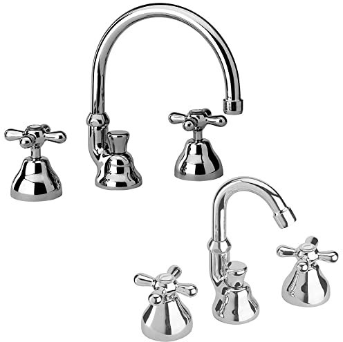 Paini Liberty Set Rubinetti Lavabo + Bidet 3 Fori con Bocca Alta Orientabile Cromato - Scarico Automatico 11/4 + Piletta e Flessibili
