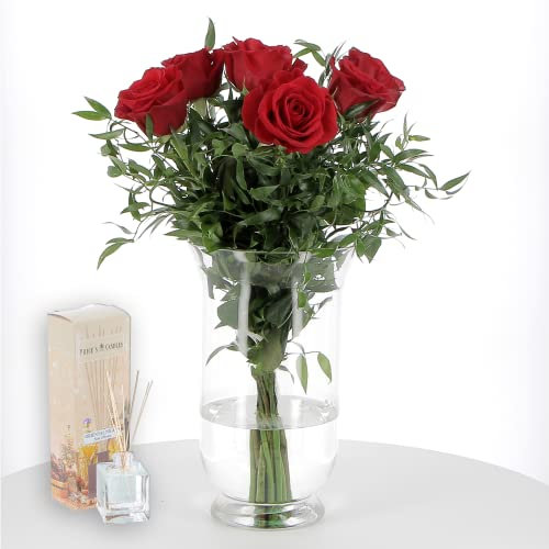 KENTIS - Bouquet 6 Rose Rosse con Diffusore per Ambiente - Mazzo Fiori Veri e Freschi a Domicilio con Regalo Extra Spedizione Gratuita e Veloce Idea Regalo San Valentino per Lei per Lui