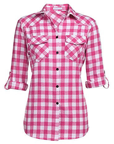 UNibelle Chemise à Carreaux Manches Longues Femme - Blouse Traditionnelle Oktoberfest - Veste en Coton - Chemisier Décontracté Col en V, Rose