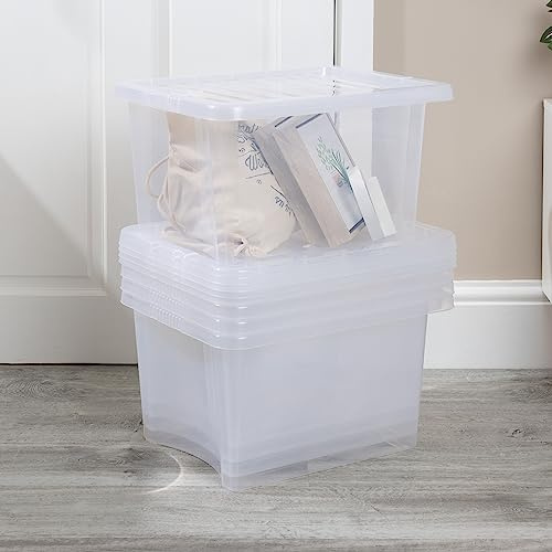 Wham Crystal 5 x 28L Stackable Plastic Storage Boxes with Lids | Ideal for Home, Office, Toys & More | Medium Boxes | Made in UK - Clear