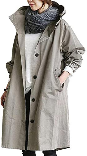 Trench Coat - Giacca lunga da donna con cappuccio, oversize, vintage, elegante giacca invernale, a maniche lunghe, traspirante, giacca a vento, grigio., M