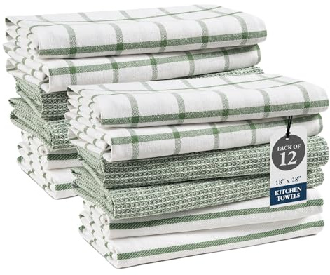 LANE LINEN Kitchen Towels Set – Pack of 12 Dish Cloths, 100% Cotton Absorbent Tea Towels 18” x 28” Quick-Drying & Soft Cleaning Kitchen Towel - Olive