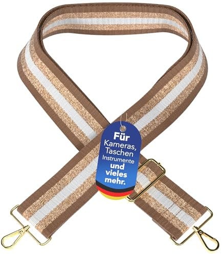 EAZY CASE - Verstellbarer Taschengurt, Ersatz Gurt für Handtaschen, Schulterriemen für Umhängetaschen, breiter Riemen für Taschen und Tragetaschen, DIY Taschenband, Lines - Braun Metal Gold