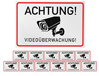 Aufkleber Set Achtung! Videoüberwachung!, 12 Stück, 15 x 10 cm, selbstklebende Folie, Warnhinweis Sticker für Innen- und Außenbereich, Video Überwachung Klebesticker, Kamera Hinweisschild zum Kleben