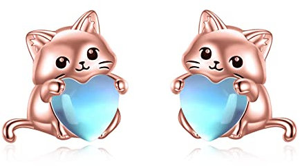 YFN Ohrringe Katze für Frauen Sterling Silber Mondstein-Katze Ohrstecker für Mädchen (Roségold)