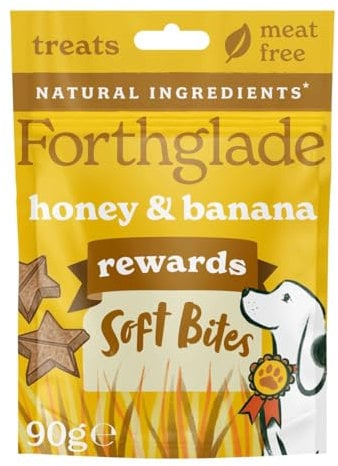 Forthglade Natural Dog Treats (8 x 90g Bags) - Hypoallergenic & Grain Free Dog Training Treats with Honey & Banana, Plant-Based Soft Bite Rewards, Resealable Bags