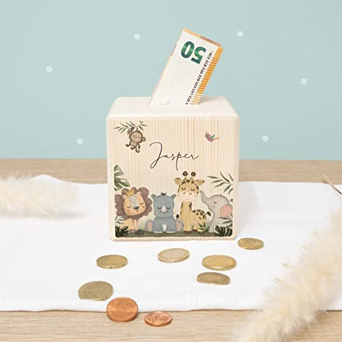 Spardose Personalisiert mit Namen aus Holz - 10x10cm Holzspardose - Geschenk zur Geburt, Geburtstag, Einschulung, Taufe - Sparschwein Aquarell Motiv für Jungen & Mädchen hellomini (Safari)