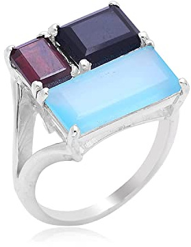 Mehrere Edelstein Alltagskleidung Handgemachter 925 Sterling Silber Ring, Granat Iolith Chalcedon Stein Ring