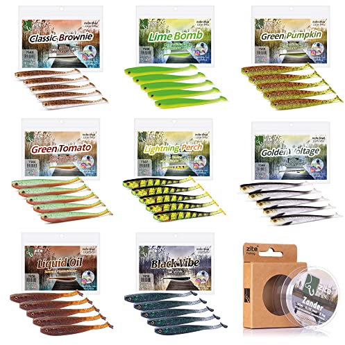 Zite Fishing Gummifische Zander Set – Inzite Shad 12cm Diverse Farben - 5STK Fängige Gummiköder Zanderangeln - Softbait Angelköder UV-Aktiv (8er Farbmix + Vorfachschnur)