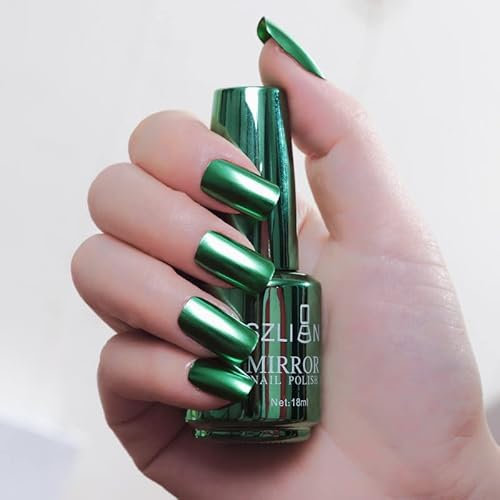 Metal Nail Polish 18ml Mirror Nail Varnish,Quick Drying Long Lasting Metallic Effect Nail Art Polish Non-Peelable,No UV,Easy Use (Green, 1)