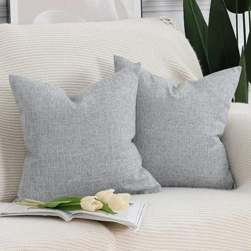 Madizz 2er Set Faux Leinen Kissenbezügen Weich Dekorative Kissenabdeckung für Sofa Schlafzimmer Kissenhülle Hellgrau 45x45 cm Quadrat