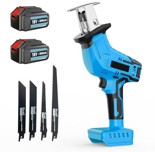Cordless Reciprocating Saw, Reciprocating Saws 18V with 2X 5500mAh Batteries, 0-3500RPM Variable Speed Electric Saw, 1 Hour Fast Charger, with 4pcs Blades for Wood & Metal Cutting