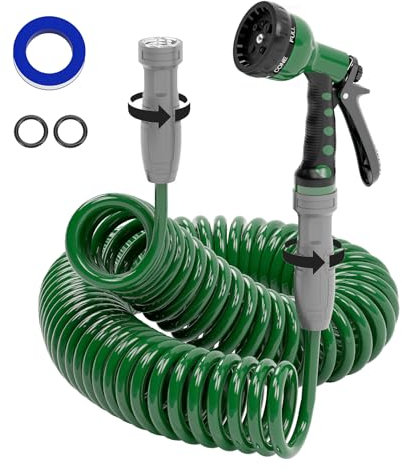 SPECILITE Lightweight Coil Garden Hose 50 FT× 3/8”, EVA Flexible Coiled Water Hose with 6-Pattern Spray Nozzle, Retractable Curly Recoil Watering Hoses and No Kink for Boat, Greenhouse, Yard, Patio
