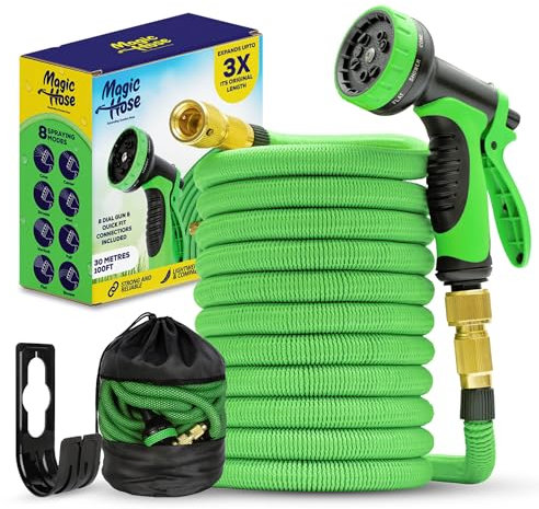 MAGIC HOSE Garden Hose Spray Gun - 10 Multi-Pattern Hose Pipe Spray Gun | Anti-Leak Nozzle for Garden Hoses | Pressure Washer Gun, Expandable Garden Hose, Hose Pipe Connector (100FT / 30 Meters)