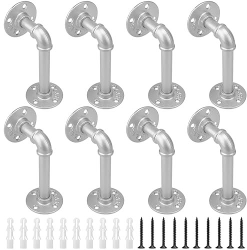 KOHAND 8 Pack Industrial Pipe Brackets, Silvery Pipe Shelving Brackets with Screws and Hard Wall Anchors, Pipe Brackets for Shelves, Scaffold Board, Home Decoration
