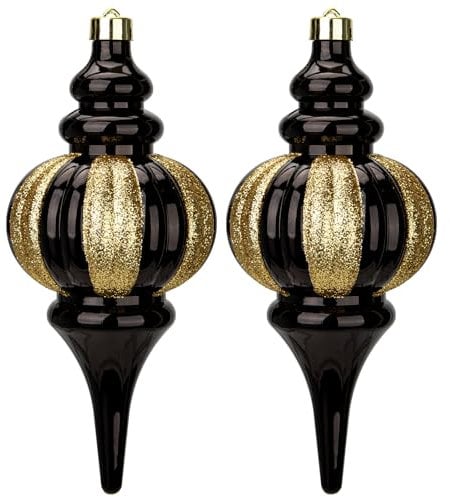 Hollyone 26x11cm Large Christmas Finial Bauble, 2PCS Black & Gold Xmas Ball for Christmas Tree Decorations, Glittery Stripe Baubles Giant Hanging Ornaments for Tree Decor, Wedding, Party, Wreath