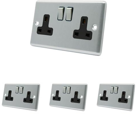 AET CSC2GSOCBS Satin Chrome Classical 2 Gang Black Insert Metal Rocker Switches-13 Amp Double Plug Socket, 250 V (Pack of 4)