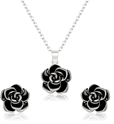 Clearine Black Rose Flower Necklace Earrings Set Silver Plated Hypoallergenic Jewellery Set Gift for Women