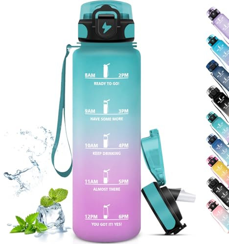 Grsta Gourde, Gourde Sport anti Fuite, Gourde Paille Adulte avec Marqueur de Temps, Bouteille Plastique 1l, Facile à Transporter, Gourde Reutilisable, pour Gym, Fitness, Cyclisme, Extérieur