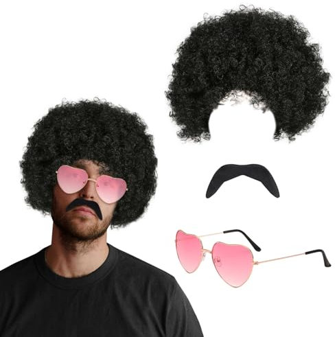 FUIPVGI Funky Afro-Perücke, 3 Stück 70er-Jahre-Retro-Hippie-Anziehzubehör, Hippie-Brille, Schnurrbärte, Funky-Afro-Perücke, 60er-70er-Jahre-Zubehör für Männer, Hippie-Kostüm, Herren-Perücke (3 Stück)