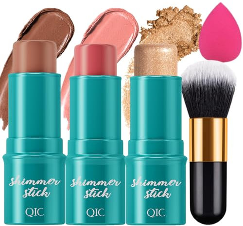 MKNZOME 3pcs Contour Highlighter Blush Sticks, Bronzer Stick Cream Contour Kit for Cheeks & Lips, Highlighter Makeup Stick with Makeup Brush and Sponge, Long Lasting, Lightweight, Smooth