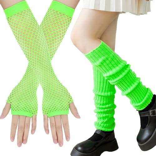 XIEXIESHER Neon Beinstulpen mit Neon Fingerlose Netzhandschuhe, Neon Stulpen, Leg Warmers, 80er 90er Jahre Kostüm Zubehör, Cosplay Kostüm Zubehör Disco Party Halloween Karneval Zubehör(Fluo Grün)
