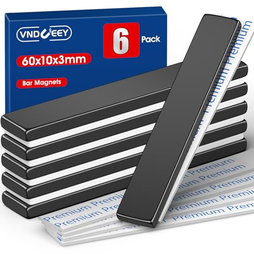 VNDUEEY Neodymium Magnets, 6 Pack Magnetic Bar Super Strong, Waterproof Heavy Duty Magnets with Adhesive Backing, Rare Earth Strips for Fridge, DIY Craft, Science - 60x10x3 mm, Black