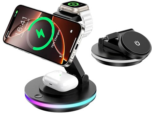 Cargador mag Safe, Estación de Carga 3 en 1 para Apple Watch y iPhone, Plegable, Giratorio con Ajuste de Luz, Cargador Inalámbrico Soporte de Carga para iPhone 16/15/14, AirPods (Sin Adaptador)-Negro