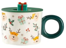 YDoLimmer Keramik Weihnachtstasse Weihnachtsbecher Kaffeetasse mit Deckel für Heiß- & Kaltgetränke Kaffeebecher Porzellanbecher 420ML Teetasse Milchbecher Neujahrsgeschenk (C)