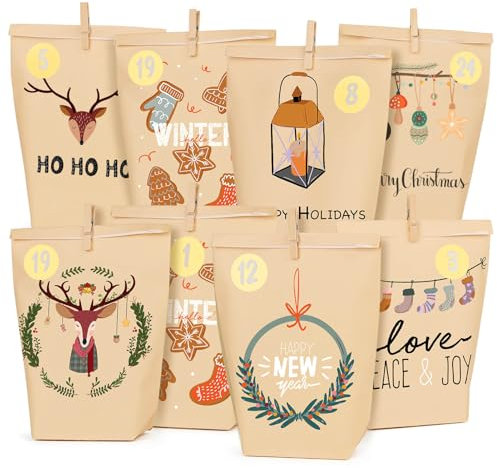 Adventskalender zum Befüllen - 24 Papier Adventstüten zum Basteln - Papier Weihnachtstüten-Papiertüten zum Basteln und Verschenken-Advents Tüten