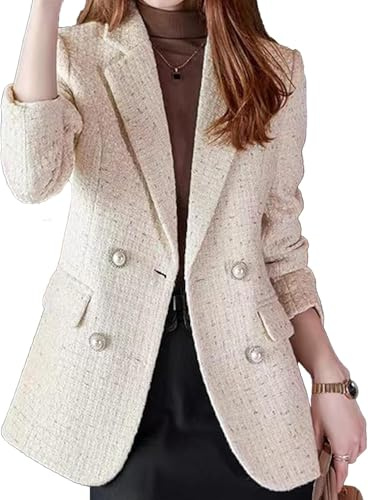 Goolecrimp Blazer de Tweed para Mujer otoño Ligero Elegante Doble Botonadura Solapa Oficina Chaqueta Informal Tendencia de Moda Chaqueta Delgada de Trabajo de Negocios