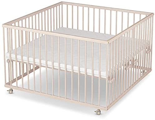 Sämann Laufstall Baby mit Lattenrost und Matratze | stufenlos höhenverstellbar | Laufgitter Premium | Babybett aus Holz | Krabbelgitter (natur, 120x120 cm)