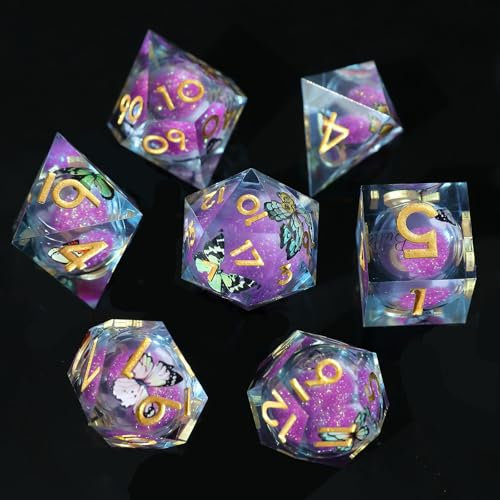 Liquid Core DND Würfel Set 7pcs, Treibsand Polyeder Kunstharz Würfel mit Scharfen Kanten für Dungeons und Dragons,RPG D20 D12 D10 D8 D6 D4 Würfel, Schmetterling Thematisch D&D Rollenspiel Würfel