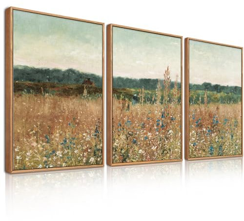 BINCUE 3 Stück Vintage klein Landschaft Wandkunst,Natur Wildnis Wanddeko,Grün Abstrakte Bilder,Vintage Landschaft Bild Deko,Leinwandbild Rustikales Bauernhaus Wohnzimmer Schlafzimmer,30 * 40cm