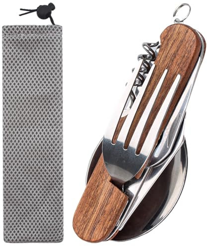 6 en 1 en Acier Inoxydable Pliant coutellerie,Kit Couverts de Camping,avec poignée en bois,Couvert Camping Multifonction,Vaisselle de Voyage avec Poche,pour Voyage,Camping
