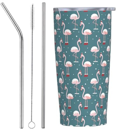 Trinkbecher mit Deckel und Strohhalm, Flamingo-Weihnachtsmütze, isolierter Becher aus Edelstahl, personalisierbar, Reisebecher, Wasserflasche