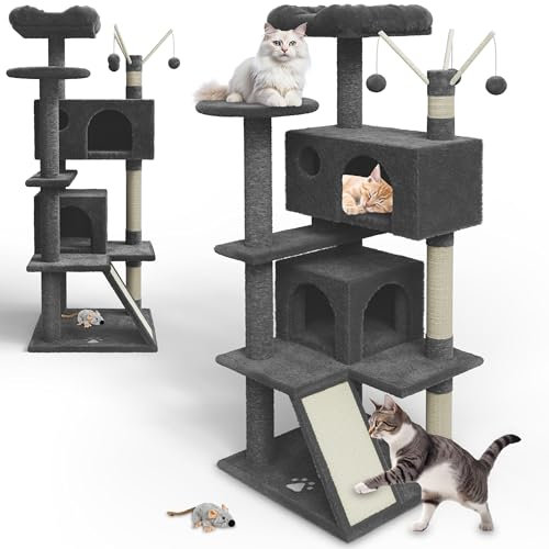 zooprinz Premium Kratzbaum – Großer XXL Kletterturm für kleine & große Katzen - Breiter Kratzbaum mit dicken Sisal Säulen, Höhle, Hängematte, Bällen & Seil – Mit Plüschmaus - Katzenbaum (Dunkel Grau)