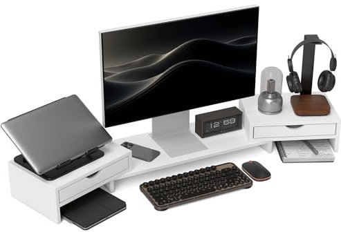 HOMCOM Supporto per monitor per PC Supporto per monitor per computer da 60-116 cm con 2 cassetti, lunghezza e angolazione regolabili, per laptop, computer, PC, bianco