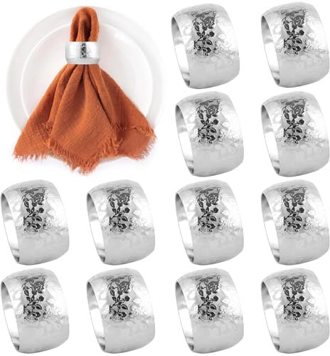 12 Stück Serviettenringe, Rosenmuster Wiederverwendbar Serviettenringe Silber, Vintage AushöHlen Metall Serviettenring, Servietten Ringe für Hochzeitsfeier Weihnachten Familienessen Tischdekoration