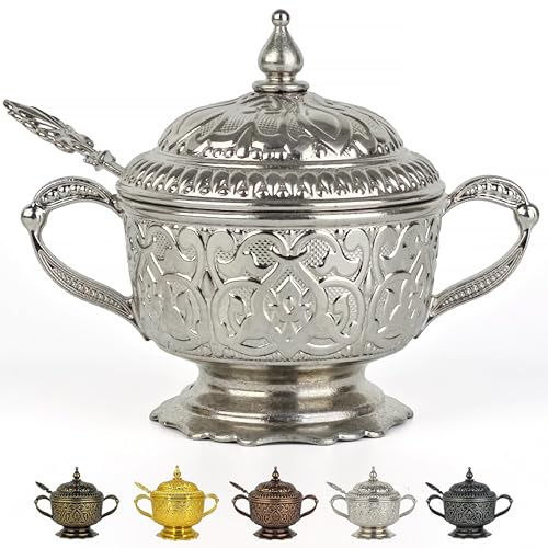 6 oz Embossed Metal Sugar Bowl with Lid and Spoon – Decorative Sugar Container with Lid, Cereal Bowl, Spice Container Canister, and Sugar Container with Spoon for Coffee Bar (Silver)