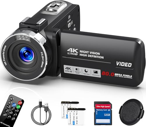 Camcorder Video Camera 4K HD 80MP Vlogging Camera for YouTube, 30FPS IR Night Vision Camera, 18X Digital Zoom 3.0 270°IPS Screen Video Camera with SD Card, 2 Batteries, Remote Control