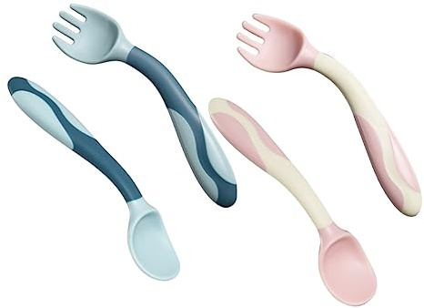 POPETPOP Babylöffel Und Babygabel Satz Für Babys Rutschfeste Silikon Softlöffel Und Gabel Kleine Größe Frei Mit Gebogenem Griff Für Sicheres Füttern Und Training Zu Hause Und Unterwegs